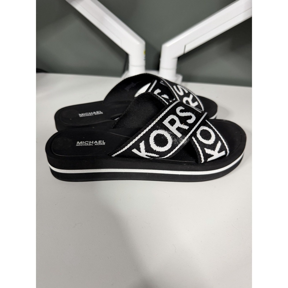 MICHAEL KORS SPARROW SPORT MK LOGO PVC RUBBER SLIDES US 8 Black/white Multi C-1